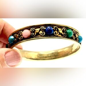 Vintage Gold Tone Bangle Bracelet Scrolling Design Acrylic Cabochon Gems